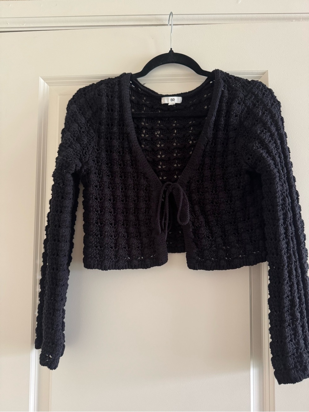 Nordstrom BP Black Cropped Crochet Tie-Front Sweater